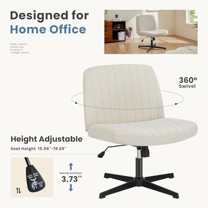 DUMOS Criss Cross Chair No Wheel Legged Office Wide Comfy Desk Vanity Chair, Armless Computer Task Seating Comfy Fabric, Swivel Home Height Adjustable for Bedroom, Study, Beige No Wheel - color: Beige No Wheel