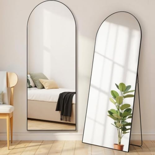 64 x 21 Inch Arched Full-Length Floor Mirror, Black Freestanding Full Body Mirror with Metal Frame for Bedroom & Living Room Decor