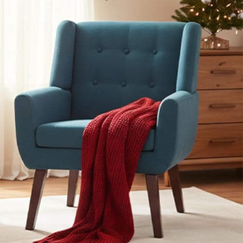 HUIMO Button-Tufted Accent Chairs,Upholstered Reading Living Room Chair,Mid Century Modern Chair with Linen Fabric, Club Chair,Comfy Arm Chairs for Living Room,Bedroom Lake Blue | Mid Century Modern Tufted Armchair with Fabric,Comfy Arm Chairs for Club Li