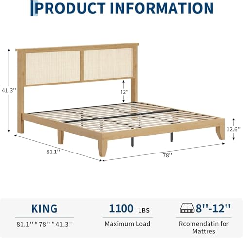 GAOMON King Size Wood Bed Frame with LED Light and Rattan Headboard | Solid Wood Leg, Under Bed Storage, Boho Style Platform Bed - size: King