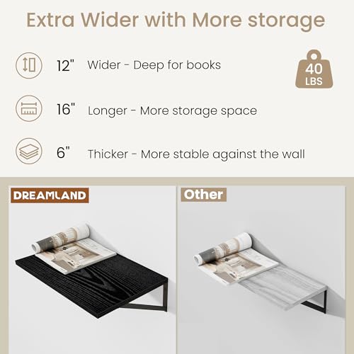 Dreamland Wall Mounted Floating Shelves Set of 2, 16x12, Black | Engineered Wood, Visible Bracket, Large Storage, Hold Up to 40lbs, Living Room, Bathroom, Bedroom, Kitchen - color: Black, size: 16"W x 12"D