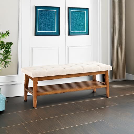 HUIMO Upholstered Entryway Shoe Bench, Button Tufted End of Bed Bench,Beige | with Solid Wood Slatted Shelf, Padded Ottoman Bench for Bedroom, Living Room, Entryway - color: Beige, style: French Country