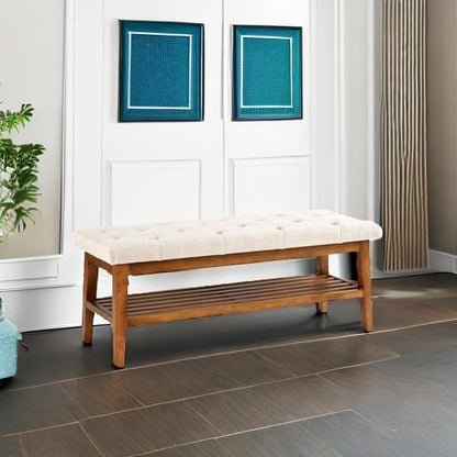 HUIMO Upholstered Entryway Shoe Bench, Button Tufted End of Bed Bench,Beige | with Solid Wood Slatted Shelf, Padded Ottoman Bench for Bedroom, Living Room, Entryway - color: Beige, style: French Country
