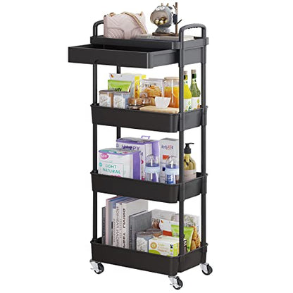 Calmootey 4-Tier Rolling Utility Cart with Drawer,Multifunctional Storage Organizer with Plastic Shelf & Metal Wheel,Storage Cart for Kitchen,Bathroom,Living Room,Office,Black | Space-Saving Organizer, Sturdy Plastic Shelves, Smooth-Rolling Metal Wheels,