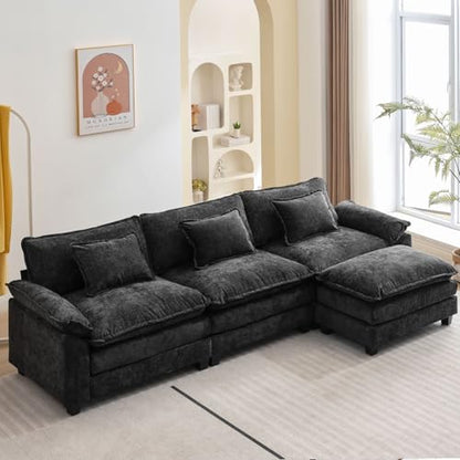 120" Modular Sectional Sofa, Comfy Deep Cloud Couch with Ottoman | L-Shaped Couches for Living Room, Modular Couch, Deep and Wide Seat, Chenille Sofa Sleeper with Throw Pillows, Black - color: Black, size: 120 Inch L