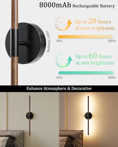 32" Battery Operated Wall Sconce Set of 2, 350° Rotating Lamp, Walnut Black | Wireless, 8000mAh Rechargeable Battery, Stepless Dimming, 3000K-6000K, Remote & Touch Control, Timer, Living Room, Bedroom - color: Walnut Black, size: 32 Inch (2 Pack)