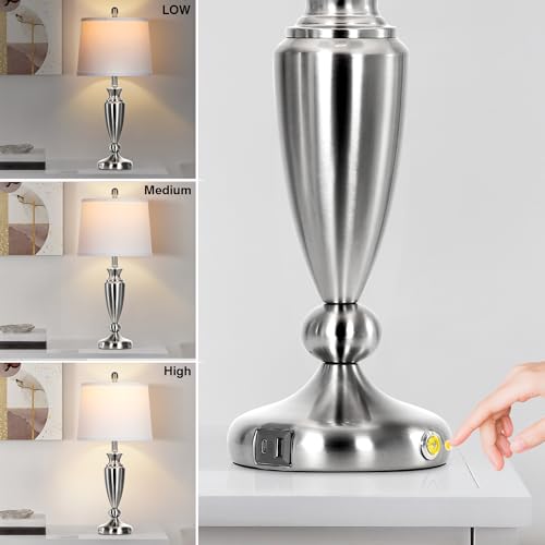 Rinweey Metal Table Lamps Set of 2, 3 Way Touch Control Silver Bedside Lamps with USB A+C Ports, Modern Brushed Nickel Nightstand Lamps for Bedroom Living Room - color: Silver-27"H