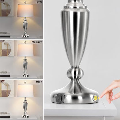 Rinweey Metal Table Lamps Set of 2, 3 Way Touch Control Silver Bedside Lamps with USB A+C Ports, Modern Brushed Nickel Nightstand Lamps for Bedroom Living Room - color: Silver-27"H