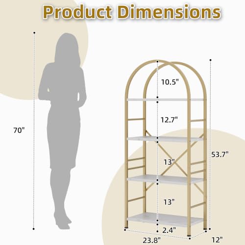 Vongrasig Industrial Arched Bookshelf, 4 Tier Open Bookcase | Sturdy Wood and Metal Display Standing Shelf for Home Office, Living Room, Bedroom, White Gold - color: White Gold