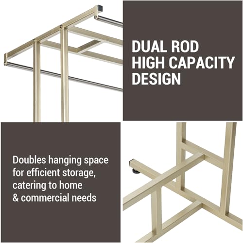 MyGift 4ft Tall Brass Tone Stainless Steel Freestanding Garment Rack, Heavy Duty Double Rod Clothes Closet Stand, Coat Dress Clothing Storage Display Shelf - color: Brass