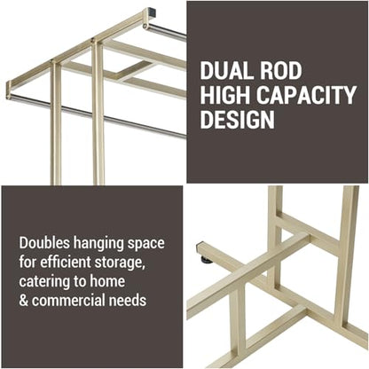 MyGift 4ft Tall Brass Tone Stainless Steel Freestanding Garment Rack, Heavy Duty Double Rod Clothes Closet Stand, Coat Dress Clothing Storage Display Shelf - color: Brass