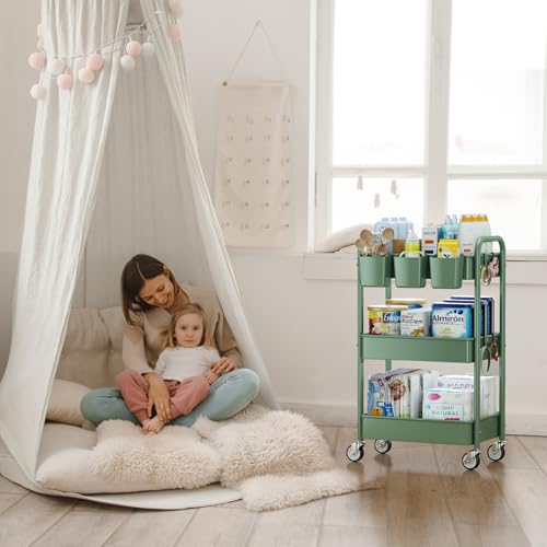 3-Tier Rolling Cart, Green, 66 Pounds Capacity, Mesh Storage Organizer with Lockable Wheels, 3 Hanging Cups, 4 Hooks, Easy Assembly, for Kitchen, Bathroom, Laundry, Grocery | Sturdy Rolling Storage Cart With Hooks & Hanging Cups, Great For Craft, Art Work