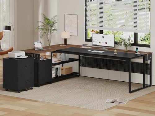 71" Executive Desk, Reversible L Shaped Desk with Mobile File Cabinet & Power Outlets, Large Office Desk with Drawers, Storage Shelves, Hooks, Corner Computer Desk for Home Office (Walnut) - color: Walnut
