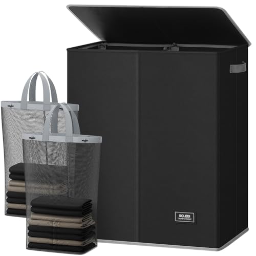 SOLEDI Double Laundry Hamper with Lid and Removable Laundry Bags,Divided Laundry Bin - Large Clothes Hamper 2 Section - Collapsible Laundry Baskets for Bedroom, Bathroom, Laundry Room,Black - color: Black, size: 145l