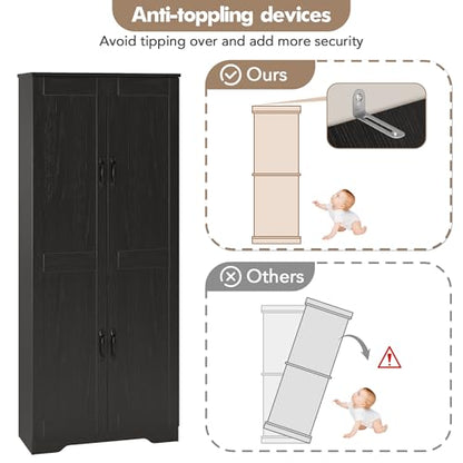 Garvee Tall Pantry Cabinet, 60" Kitchen Storage Cabinet with 2 Doors & Adjustable Shelves, Freestanding Wooden Cupboard for Bathroom，Dining Room, Living Room, Black | Kitchen Storage Cabinet with 2 Doors & Adjustable Shelves, Wooden Cupboard for Bathroom，