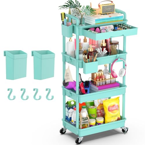 Goovilla 4 Tier Rolling Utility Cart Organizer with Removable Drawer, Blue | Stable and Sturdy Rolling Storage Carts with 2 Lockable Wheels for Bathroom, Kitchen, Snack, Craft, Makeup, Baby Essentials - size: 4 Tier, style: Blue