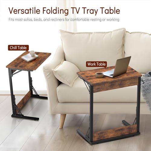 Tatub 24" Folding C Shaped End Table Set of 4, Small Sofa Side Laptop Desk, Couch TV Tray Table for Living Room, Bedroom, Rustic Brown - color: Light Brown, style: 4PK