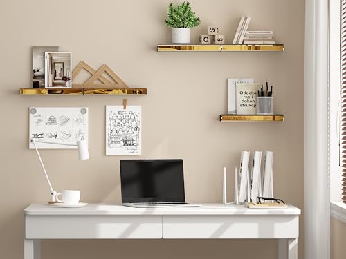SHYFOY Glass Floating Shelves for Wall, Set of 3, Brass | Display Wall Shelves with Invisible Brackets for Bathroom, Living Room, Bedroom and Kitchen - color: Brass-3pack