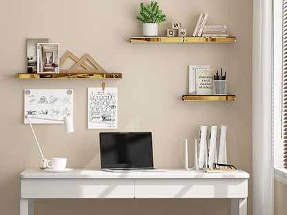 SHYFOY Glass Floating Shelves for Wall, Set of 3, Brass | Display Wall Shelves with Invisible Brackets for Bathroom, Living Room, Bedroom and Kitchen - color: Brass-3pack