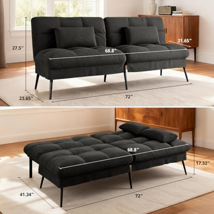 COMHOMA 72″ Convertible Futon Sofa Bed, Adjustable Backrest, Black | Breathable Fabric Futon Couch with Pillows,Multi-angle Ergonomic Reclining,Space-saving Sleeper Sofa for Living Room - color: Black