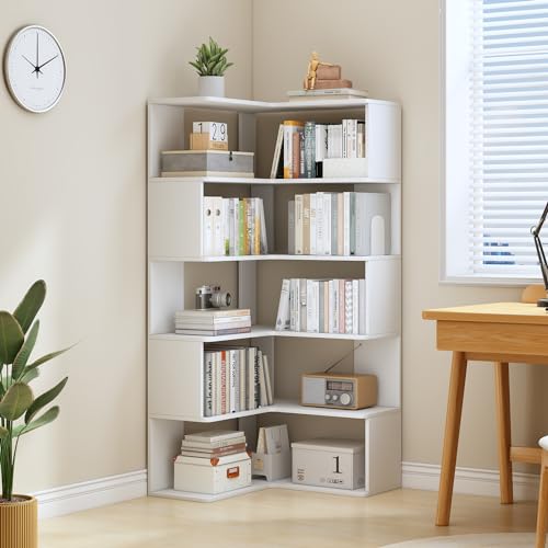 IOTXY 6-Tier L-Shaped Corner Bookshelf - 66" Tall Wooden Freestanding Bookcase with Open Shelf Units, White - color: White
