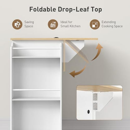 Kitchen Island with Power Outlets & Drop Leaf, Rolling Kitchen Cart on Wheels, Kitchen Storage Island with Spice Rack and Drawer, Mobile Island Table for Kitchen, Dinning, White and Natural - color: White + Natural