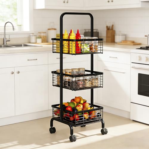 3 Tier Rolling Cart, Heavy Duty Metal Utility Cart with 4 Lockable Wheels & Handle, Multi-Purpose Storage Organizer for Kitchen, Bathroom, Laundry Room, Pantry, Office, Craft, Makeup (Black) - color: Black