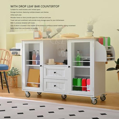 Kitchen Island Cart with Drop Leaf 13 Storage Areas 5 Lockable Wheels Solid Wood White Modern Kitchen Island Table Cart Rolling for Small (White)