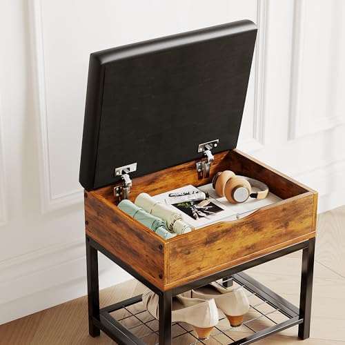 Shoe Storage Bench, Small Ottoman with Storage, Padded Seat, Brown