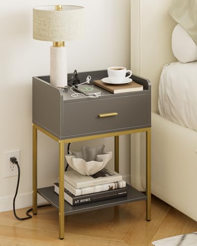Masupu Nightstand with Charging Station,3-Tier Modern Bedside Night Stand with Storage Drawer and Shelf,Small End Side Table for Bedroom,Living Room,Grey - color: Outlet-grey
