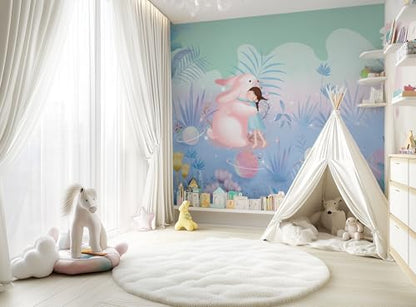 ASJ Kids Nursery Peel and Stick Wallpaper Mural, Girl Bunny Planet Pink | Seamless edge-to-edge match. Space botanical dreamy artwork, 98x62 in, premium fabric, girls bedroom playroom. - color: Soft Pink, size: 98" x 62"