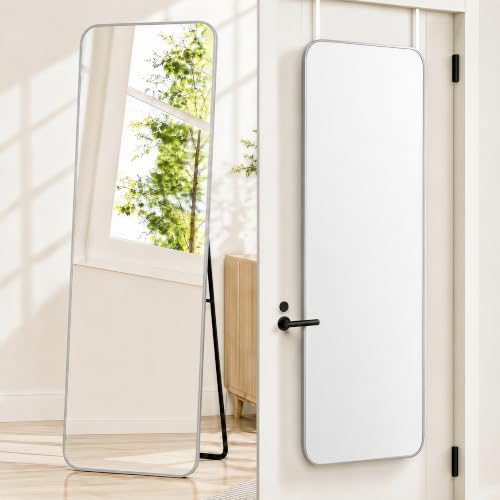 57x20" Full Length Mirror Floor Stand,Over the Door,Wall Mounted Silver | HD Crystal Clear Tempered Glass,Aluminum Frame,Full Body Dressing Make-Up Mirrors Rect Hang for Bedroom,Bathroom,Living Room - color: Silver, size: 57"L x 20"W