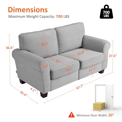 MCombo 67.7" Loveseat Sofa, 2-Seater Small Couch for Small Spaces, Classic Rolled Arm Upholstered Sofa with Solid Wood Legs for Living Room, Removable Cover, Chenille Fabric VE730 (Light Grey) - color: Light Grey