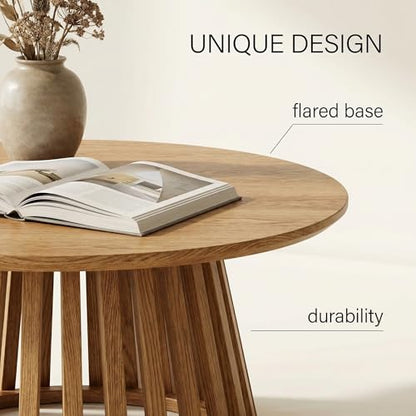 HNY Natural Round Coffee Table, Wood 31.5" Center Table for Living Room | Modern Mid Century Circle Coffee Table with Fluted Base for Outdoor Patio, Home Small Space, Bedroom, Apartment, Studio - color: Natural
