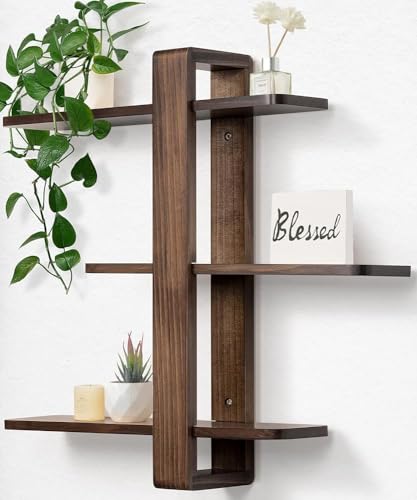 SUMGAR Floating Shelves for Wall Walnut Shelf Unit Mid Century Modern Decor | 3 Tier 20in Adjustable Shelving, Decorative All Pine Wood Storage, for Living Room, Bedroom, Bathroom, Plant Photo Display - color: Walnut
