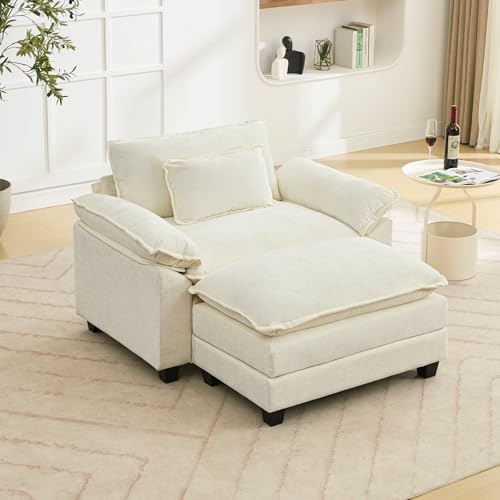 53" Modular Sectional Sofa, Comfy Deep Cloud Couch with Ottoman | Couches for Living Room, Sofa Bed, Modular Couch, Deep and Wide Seat, Chenille Sofa Sleeper with Throw Pillows, Beige White - color: Beige White, size: 53 Inch 2