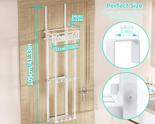HapiRm Towel Rack Bathroom Storage - 3 Tier Over The Door & Wall Mounted Rolled Towel Racks Holder Organizer with Metal Shelf and 6 Hooks for Small Bathroom, Camper, Rv - White - color: White