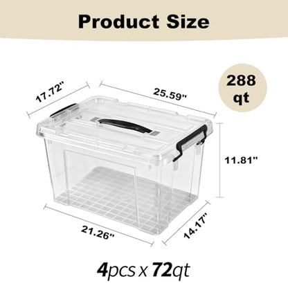 4 Pack 72 QT Plastic Storage Bins with Lids | Clear Stackable Bins with Secure Latches and Handles Heavy-Duty Storage Containers For Home Office and Garage Organization - size: 72 Qt