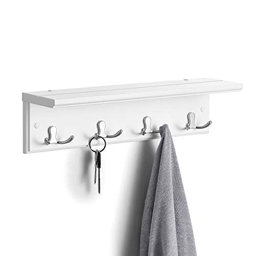 SONGMICS Entryway Hanging Coat Rack, Wall-Mounted Wooden Shelf, with 4 Double Hooks, Wall Floating Shelf, White ULHR42WT