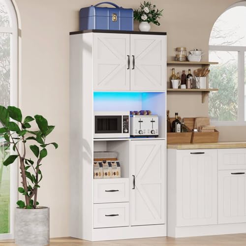Farmhouse Kitchen Pantry Cabinet with LED Lights and Power Strip, Tall Kitchen Storage Cabinet, Kitchen Hutch with Microwave Stand & Barn Doors and Drawers for Dining Room (White) - color: White, style: Modern