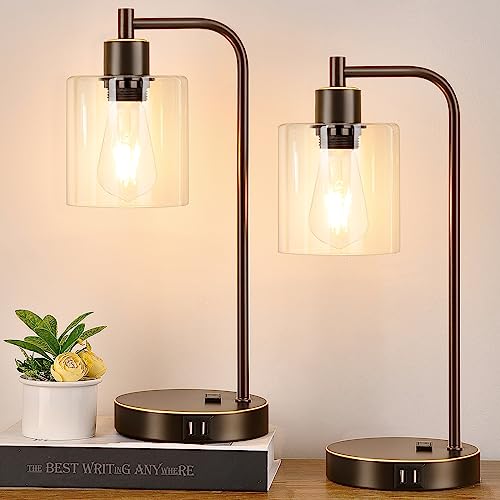 Industrial Touch Table Lamps Set of 2 - Bedside Lamps with 2 USB Ports & AC Outlet, 3-Way Dimmable Nightstand Desk Lamp for Bedroom Living Room, Glass Shade & 2 LED Bulbs Included - Oil-Rubbed Bronze - color: Oil-Rubbed Bronze with Gold Edge