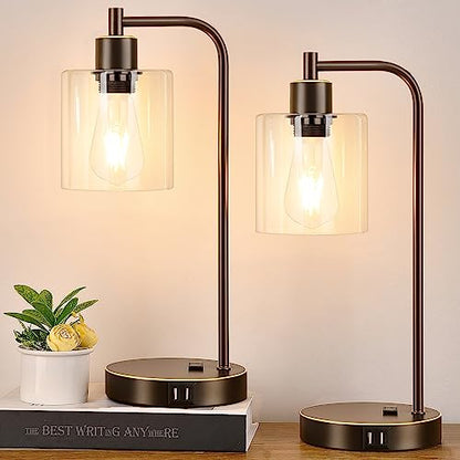 Industrial Touch Table Lamps Set of 2 - Bedside Lamps with 2 USB Ports & AC Outlet, 3-Way Dimmable Nightstand Desk Lamp for Bedroom Living Room, Glass Shade & 2 LED Bulbs Included - Oil-Rubbed Bronze - color: Oil-Rubbed Bronze with Gold Edge