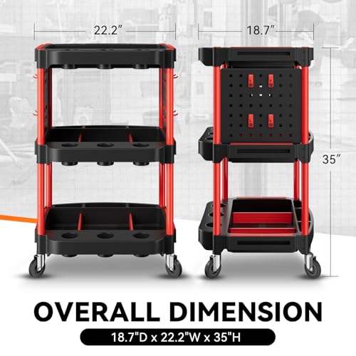 Auto Dynasty 3-Tier Rolling Cart w/Cup Holders & Pegboard, 120kg Capacity | 120 Kg/260 Lbs Capacity, 3-Tier Storage w/ 9 Cup Holders & 2 Pegboards, Rolling Wheels, for Home/Garage/Warehouse/Workshop - style: with Pegboard & Cup Holders
