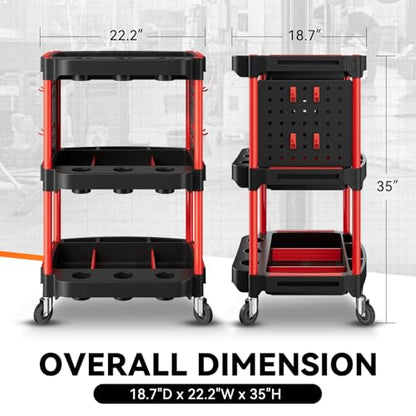 Auto Dynasty 3-Tier Rolling Cart w/Cup Holders & Pegboard, 120kg Capacity | 120 Kg/260 Lbs Capacity, 3-Tier Storage w/ 9 Cup Holders & 2 Pegboards, Rolling Wheels, for Home/Garage/Warehouse/Workshop - style: with Pegboard & Cup Holders
