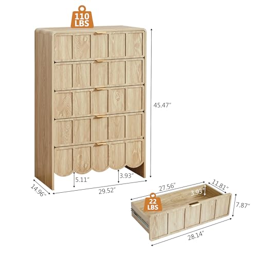 5 Drawer Dresser for Bedroom, Modern Closet Chest of Drawers with Wave Fluted Drawer, Wood Storage Small Dresser Organizer for Nursery Bedroom Living Room Hallway Closet (Natural) - color: Natural Scallop 5 Drawer