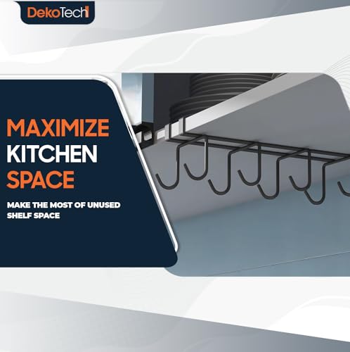 Under Shelf Mug Holder, Metal Cup Rack with 8 Hooks, Space-Saving Kitchen Storage Organizer, Black, Drill-Free Installation