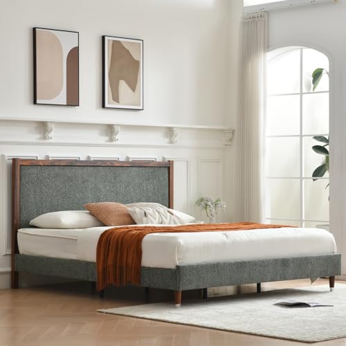 YUHUASHI King Upholstered Platform Bed Frame with Solid Wood Trim Headboard, Linen Fabric Upholstery, Sturdy Slat Support No Box Spring Needed, Easy Assembly (Green, King (U.S. Standard)) - color: Green, size: King (U.S. Standard)