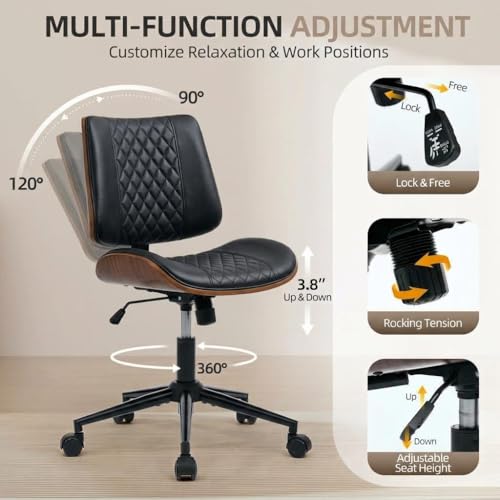 Home Office Desk Chair with Swivel Wheels, Ergonomic Adjustable Height Small Office Chair, Premium PU Leather Armless Computer Chair for Home Office, Reading Meeting Room, Modern Walnut Style (Black) - color: Mcm Style-black