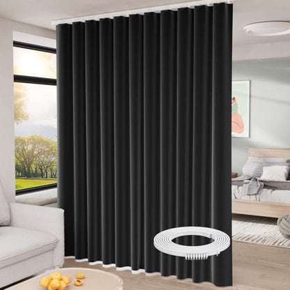 Room Divider Curtains Set, Extra Wide Blackout Curtains with Mounted Track | 100% Blackout, 3-Layer Soft Breathable Fabric, Thermal Insulated, Silding Wall Divider for Bedroom,Apartment, Space Partition - color: Black, size: 120"W x 84"L (Pack of 1)