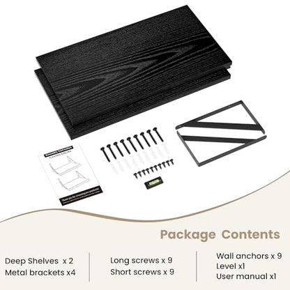 Dreamland Wall Mounted Floating Shelves Set of 2, 24x12, Black | Engineered Wood, Visible Bracket, Large Storage, Hold Up to 50lbs, Living Room, Bathroom, Bedroom, Kitchen - color: Black, size: 24"W x 12"D